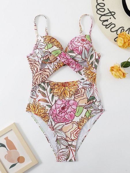 

random floral print underwire one piece swimsuit 509u#, White;black