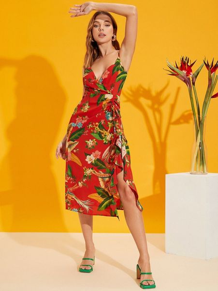 

tropical print knot side ruffle trim cami dress c5yr#, Black;gray