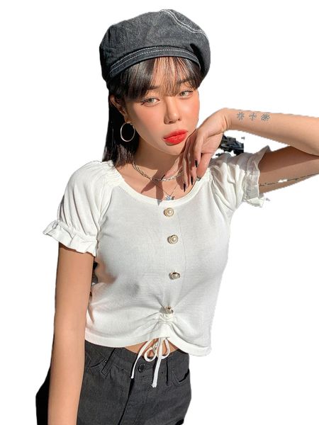 

dazy fake button drawstring front flounce sleeve tee y5b8#, White