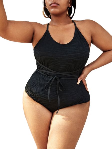 

plus crisscross knot front one piece swimsuit o05d#, White;black