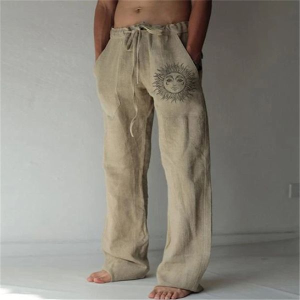

summer vintage men s cotton linen oversized jogger trousers hip hop avatar print male plus size loose wide leg pants men 220719gx, Black