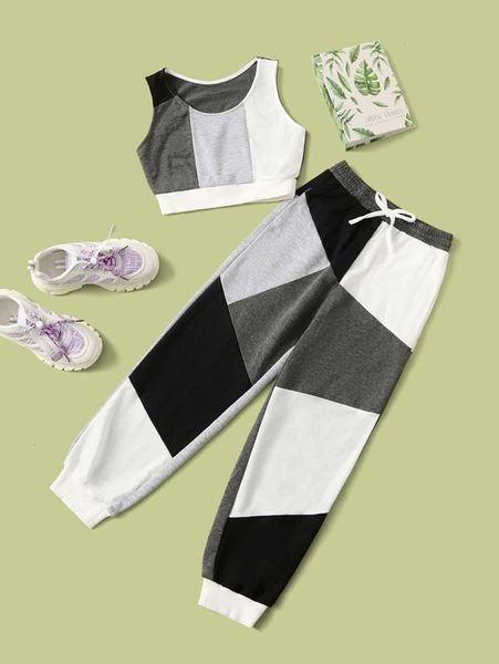 

sheen girls' color matching vest and waist knotted guard pants she, White