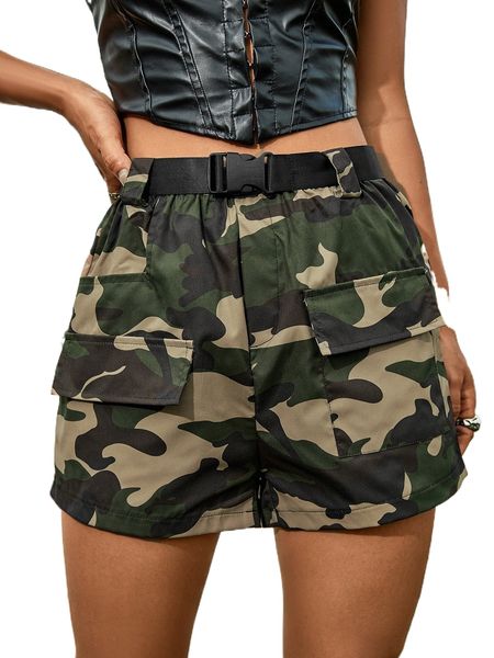 

camo print flap pocket belted shorts 93q9#, White;black