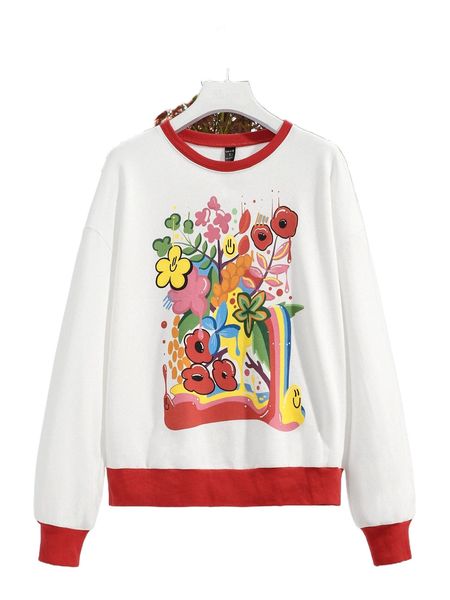 

x sarah wearer contrast trim floral print pullover v8g1#, Black
