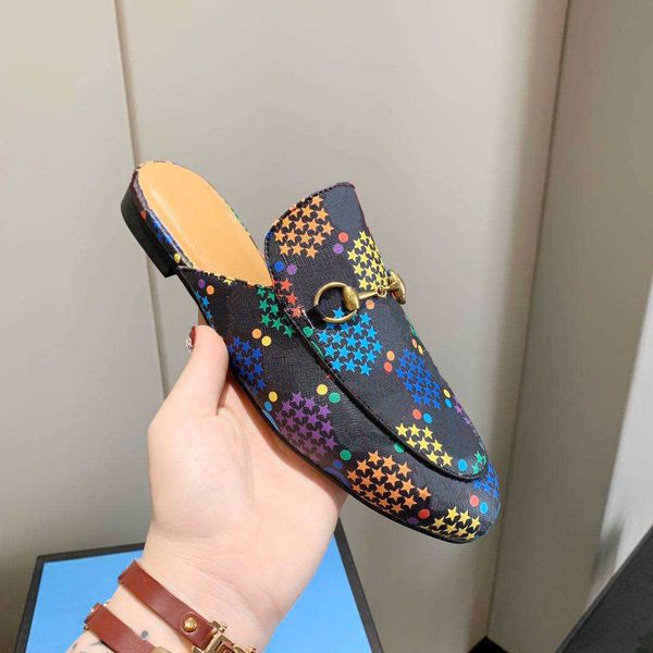 

2022 designer mules slippers women loafers genuine leather sandals luxury casual shoes horsebit half drag princetown metal chain shoe, Black