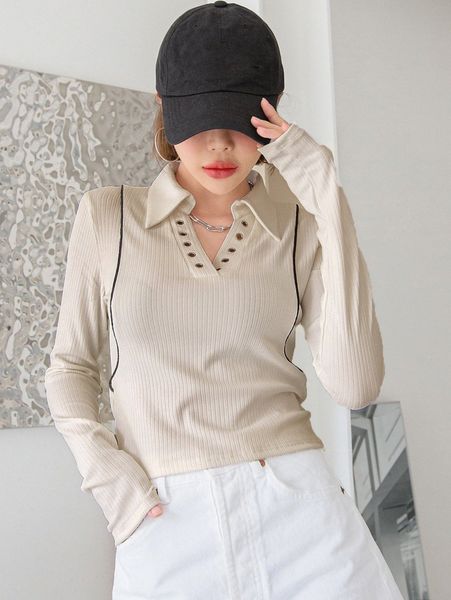 

dazy grommet detail contrast piping ribbed knit tee 35dg#, White