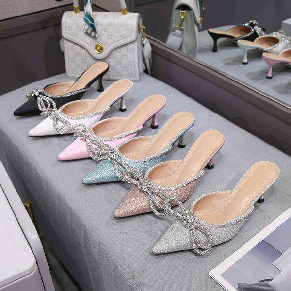 

sandals pointed toe silk high heels bow rhinestone fashion nightclub party women pumps large size 220704, Black