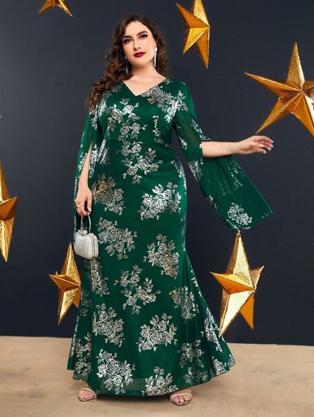 

plus floral print slit sleeve dress 99gc#, Black