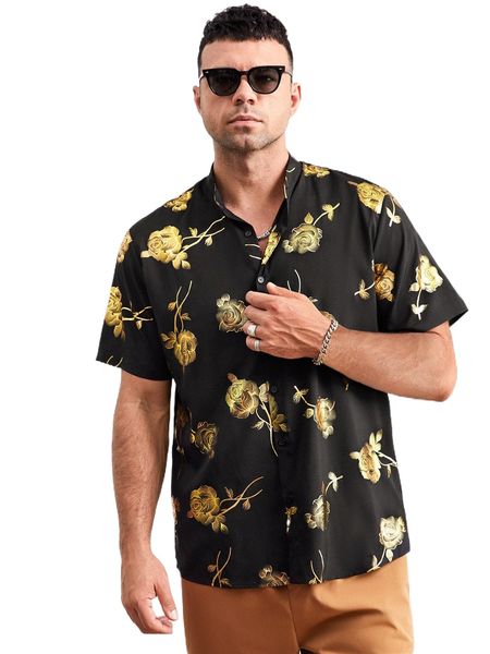 

extended sizes men random floral print shirt 01at#, White;black