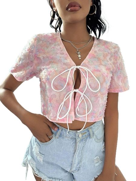 

tie front floral pattern blouse r1em#, White