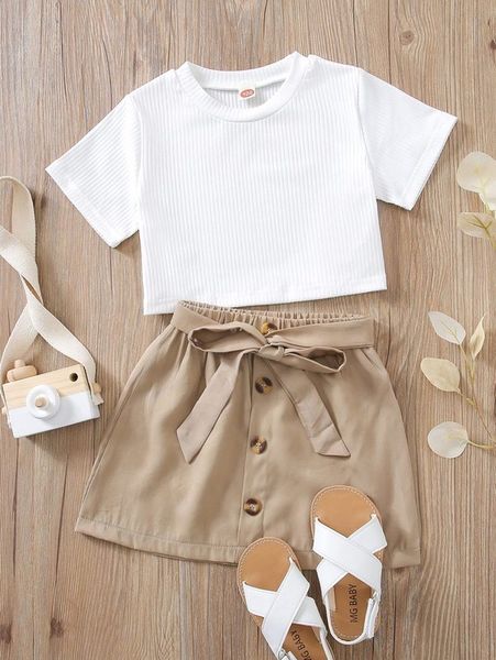 

toddler girls solid tee & fake button belted skirt she, White
