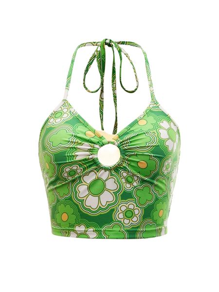 

floral print o-ring detail tie backless halter r8qq#, White