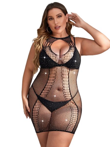 

plus rhinestone detail hollow out dress without liner s5ei#, Black;white