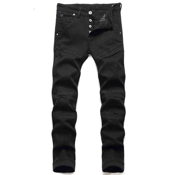 

men's jeans spring and autumn style fengshui wash hole stitching black slim little foot elastic men's motorcycle jeans 3059 roiz, Blue