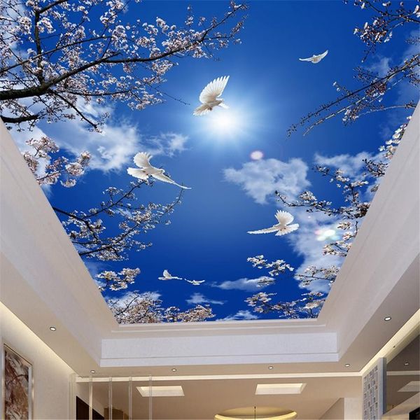 Пользовательские 3d потолочные фрески вишневое голубое небо обои для ванной комнаты 3d потолочные фрески живопись обои на потолке