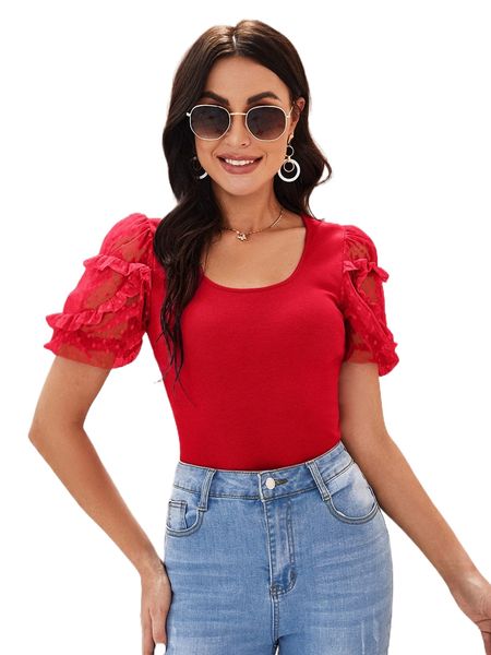 

dobby mesh puff sleeve tee g9ph#, White