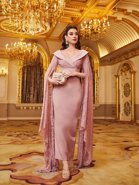 

contrast lace slit back solid formal dress c4fh#, Black;gray