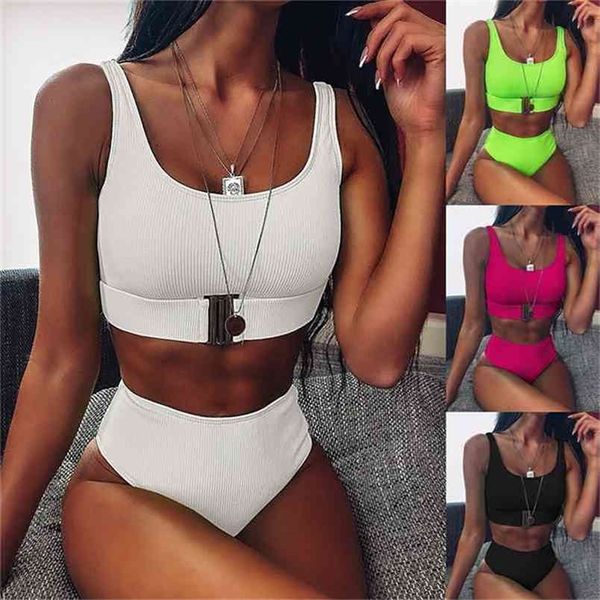 Sexy High Waist Bikini Swimsuit Women Swimwear Bandau Push Up Bikini Set Buckle Bathing Sathing Wear Swimming Suit 210407