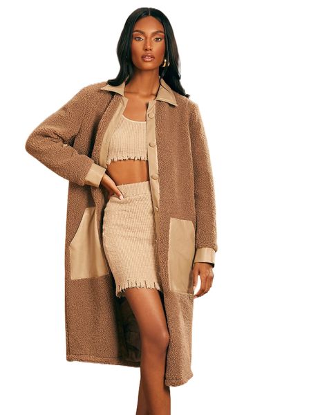 

x penelope ping slant pockets longline teddy coat n9hs#, Black