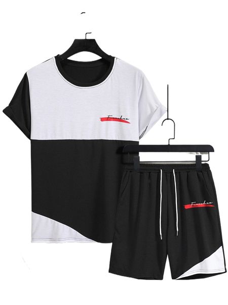 

men letter graphic colorblock tee & shorts k5u5#, Gray