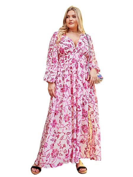 

plus allover floral print lantern sleeve dress 3745#, Black