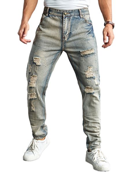 

men random ripped straight leg jeans p7b4#, Blue