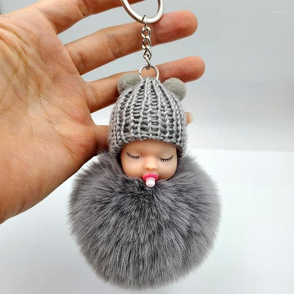 Keychains pompom adormecido bebê keychain