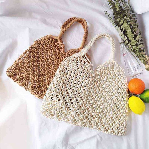 

2 pcs fashion popular woven bag mesh rope weaving tie buckle reticulate hollow bag no lined net shoulder bag, brown & white y220413