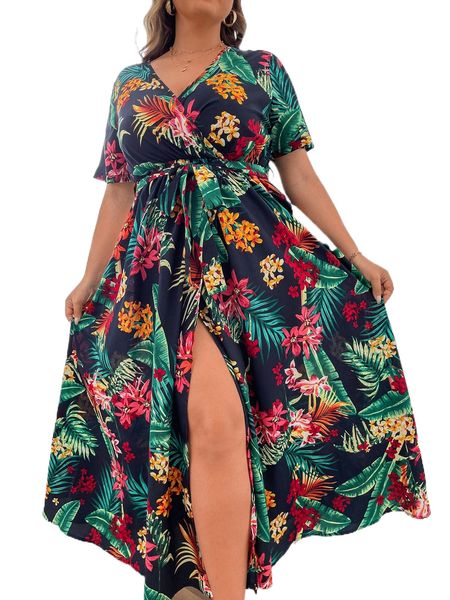 

plus tropical print overlap collar wrap hem belted dress k0jb#, Black