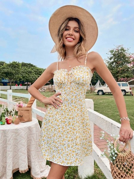 

floral print knot front frill trim ruched bust cami dress g58e#, Black;gray