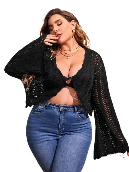 

plus drop shoulder pointelle knit scallop trim cardigan e8kd#, Black