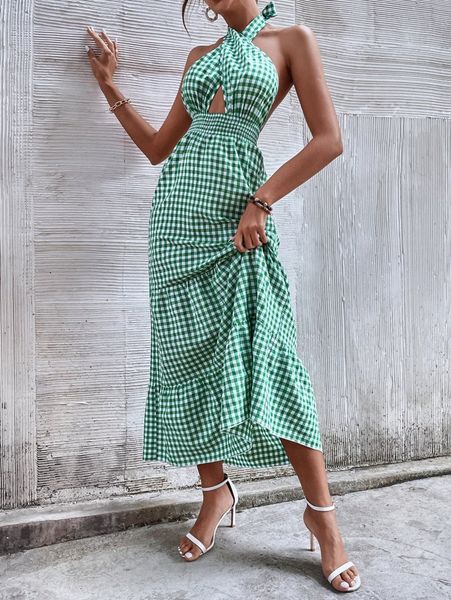 

gingham wrap cross cut out backless ruffle hem halter dress 86em#, Black;gray