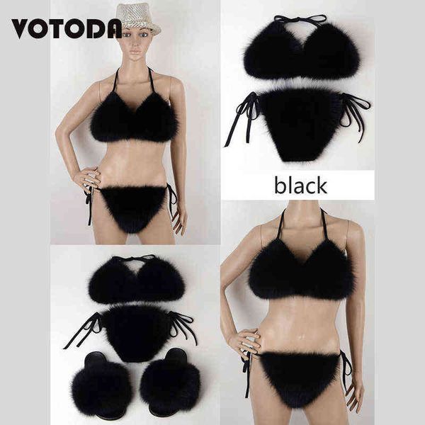

slippers real fur women bra set woman fluffy hairy slides bikini casual home lady flat cozy plush shoes 220708, Black
