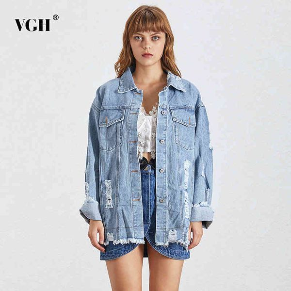 

blue casual patchwork tassel jacket for women lapel long sleeve hole denim jackets female spring fashion clothing 210507, Black;brown