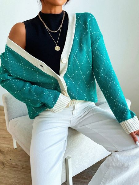 

argyle pattern drop shoulder contrast trim cardigan r9xo#, White;black