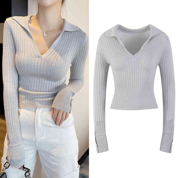 

women's knits tees temperament gray v-neck pit bar sweater pullover women's clothing autumn and winter long sleeve french style wg, White
