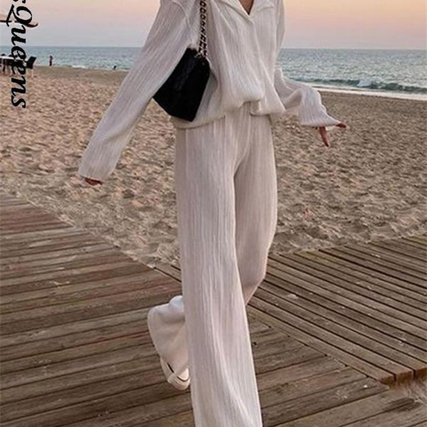 

women elegant pleated two piece set loose long sleeve blouses and high waist wide leg pants suit female casual outfits 220712, White