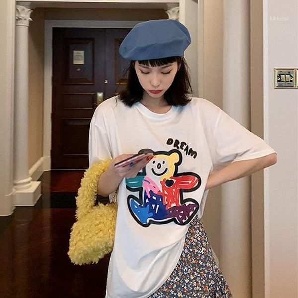 Divertenti T-shirt da donna 2022 Estate stile coreano Cartoon Teddy Bear Stampa manica corta in cotone Tshirt Carino Tops Tee Shirt Femme T463 T-S da donna