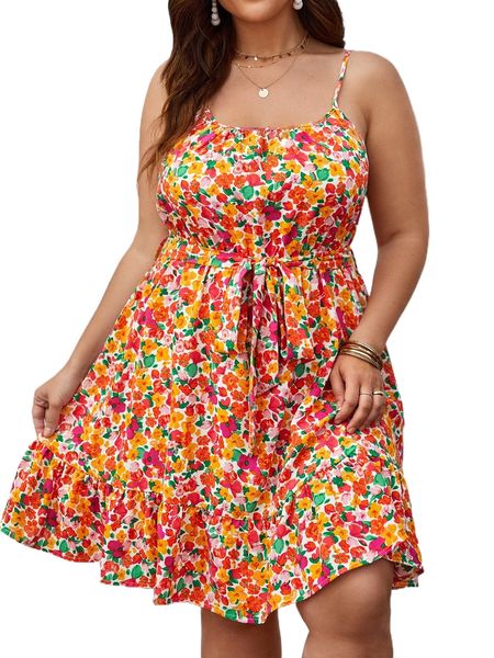 

plus allover floral print ruffle hem belted cami dress w0pz#, Black