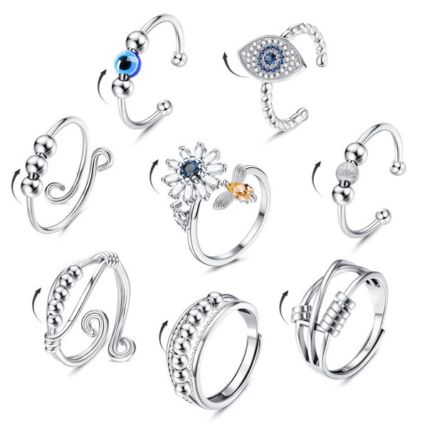 

cluster rings 3/ fidget for anxiety adjustable open relief stackable sunflower opal spinner band ring set women men amlly, Golden;silver