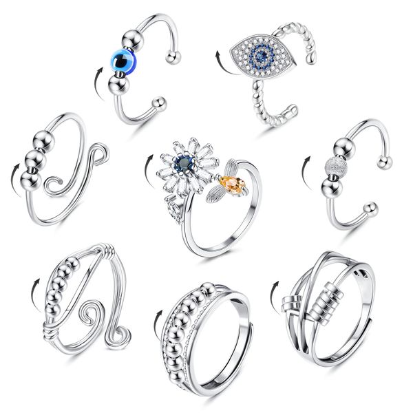 

cluster rings 3/ fidget for anxiety adjustable open relief stackable sunflower opal spinner band ring set women men amlly, Golden;silver