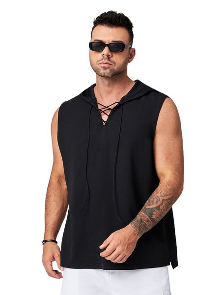 

extended sizes men lace up front hooded tank p1ui#, White;black