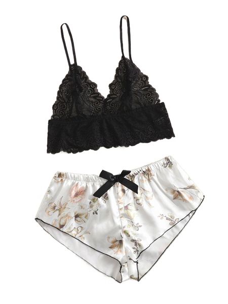 

floral print contrast lace lingerie set k40o#, Black;red