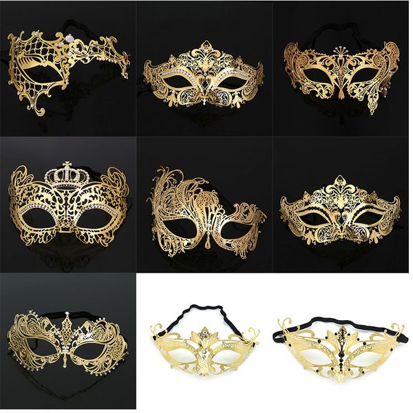 Halloween Metal Mask Masquerade Golden Adult Half Face Hollow Diamond Iron Mask Puntelli per trucco Forniture per feste Festival LT0178