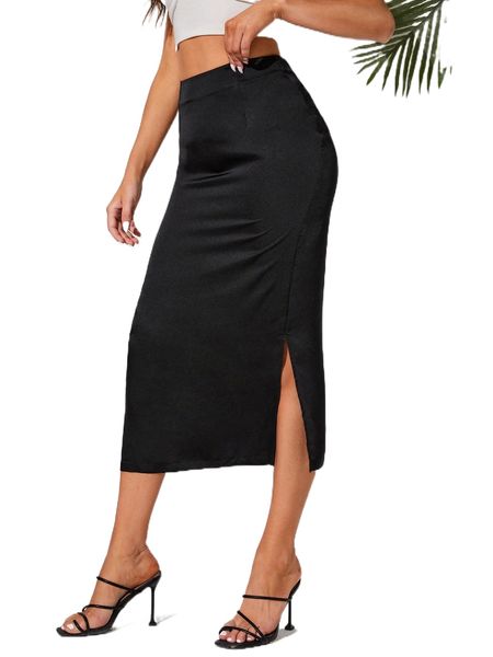 

tall high waist solid slit skirt l6hc#, Black