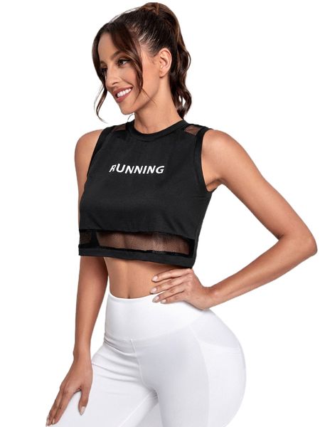 

breathable letter pattern mesh panel crop sports tank 016u#, Gray