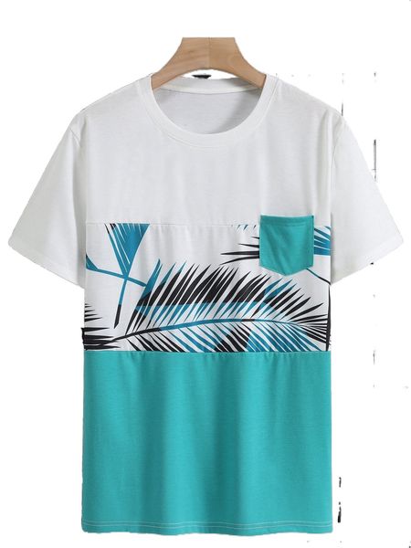 

men tropical print patched pocket tee 673p#, White;black