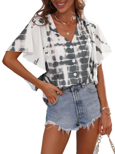 

tie dye button front butterfly sleeve tee t6tm#, White