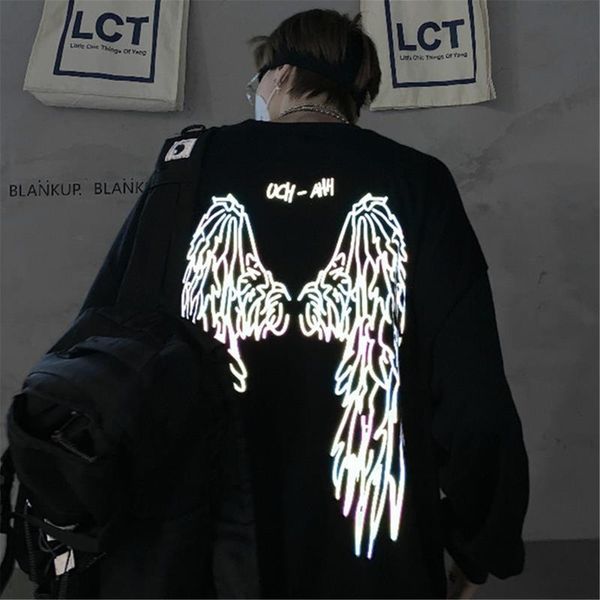 Çift pamuk kanatları yansıtıcı tshirt japonya harajuku tshirt sokak kıyafeti sonbahar uzun kollu üstler tees hip hop gotik t gömlek erkek 220608