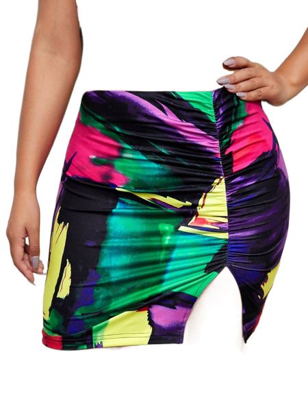 

sxy tie dye ruched slit hem skirt t2l6#, Black